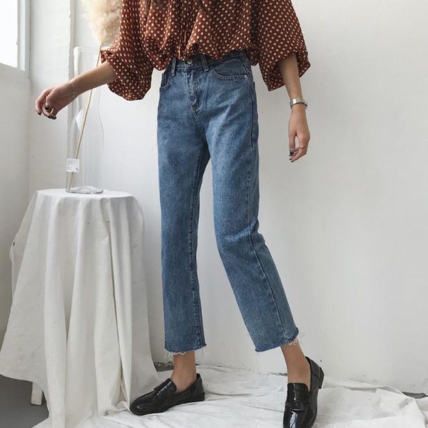 

women's jeans korean high waist straight woman college style loose button casual ladies simple solid slim 2021, Blue