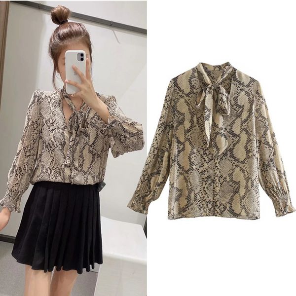 

new women animal print shirt woman v-neck bow tied long elastic ruffled cuffs laddies blouse avy7 a4ly, White