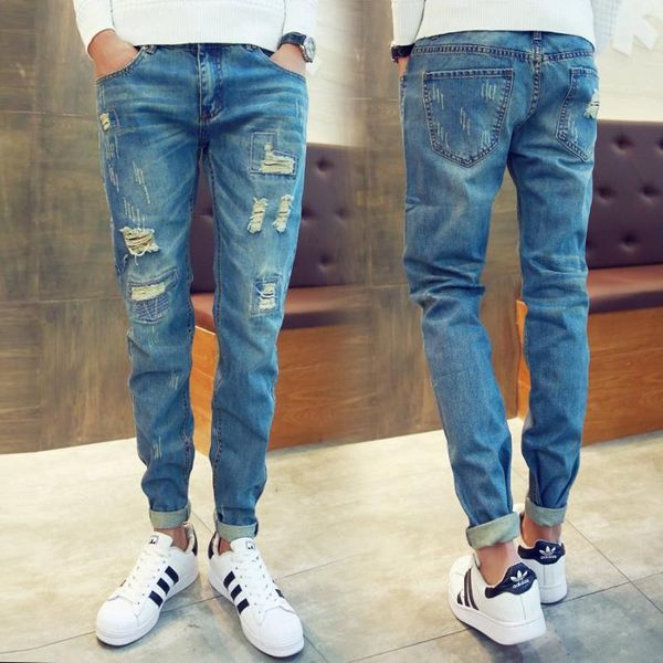 

men's jeans 2021 south korea's ripped boys korean style slim casual pants feet straight trend trousers young, Blue