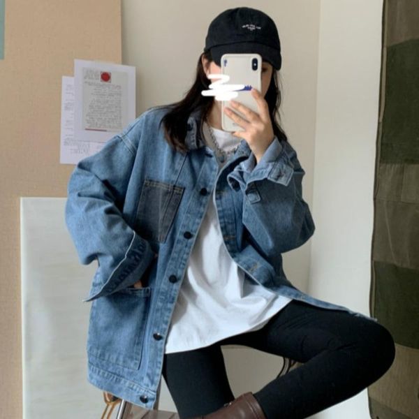 

[ewq] 2021 spring female turn down collar single breasted long-sleeved minimalist blue denim jacket cardigan coat 16w377, Black;brown
