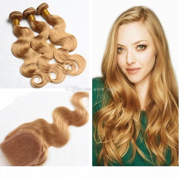 

selling #27 light blonde body wave hair bundles with lace closure 8a virgin human hair weft with closure, Black;brown