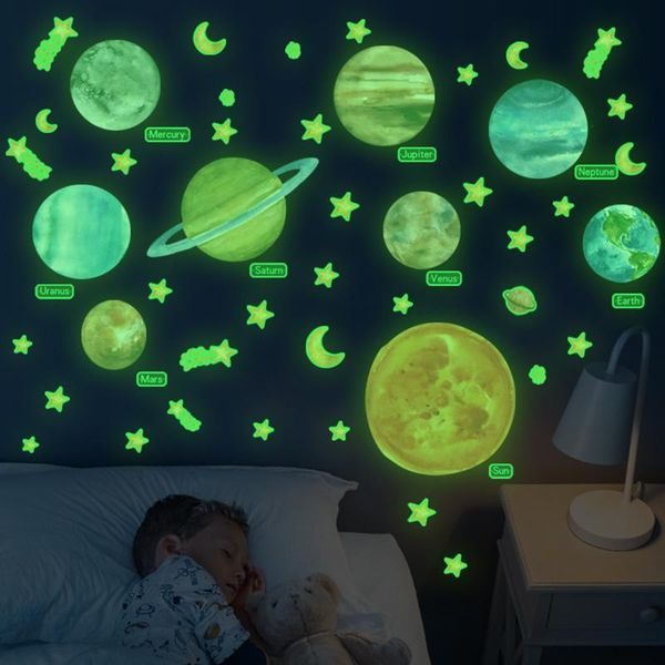 

wall stickers planet solar system fluorescent luminous planets pvc glow in dark galaxy kids bedroom decal #lr3