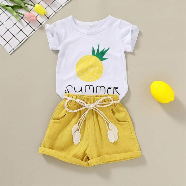 

clothing sets pineapple print tshirt short sleeve summer t shirt +belt pocket shorts outfits set kids cotton suits roupas infantis, White
