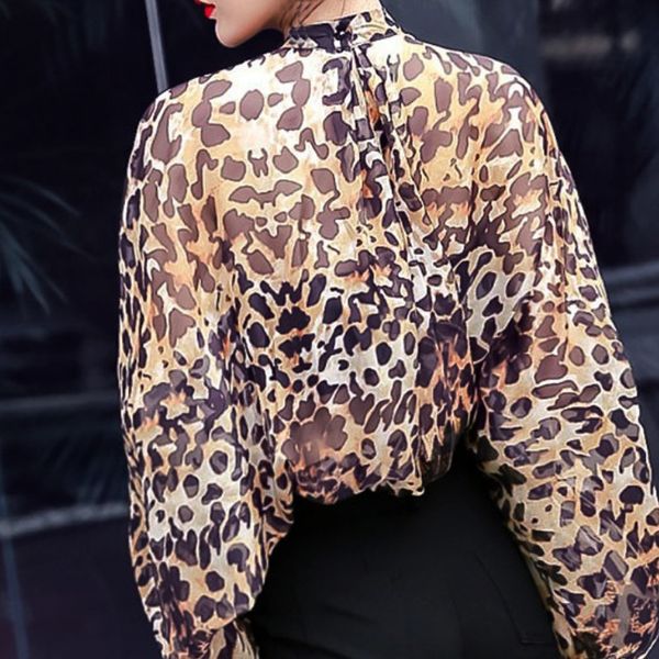 

shirt leopard chiffon female lace up bow lantern sleeve oversize blouse for women summer fashion clothing black mtk4, White