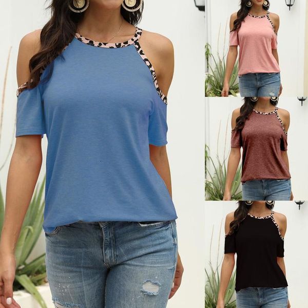 

women ummer t-shirt 2021 casual o neck short mouw strapless luipaard gradient print pullover women's football, White