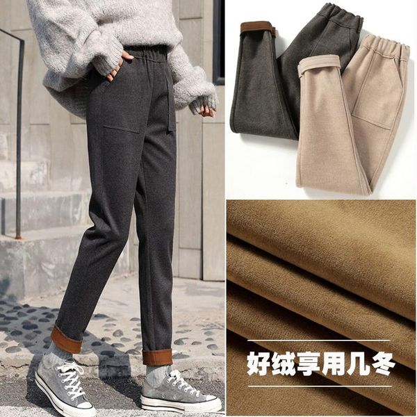 

women's pants & capris winter elastic high waist harem plus size woolen women casual solid warm female long trousers w1794, Black;white
