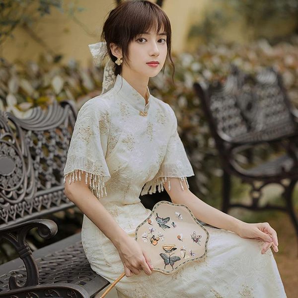 

ethnic clothing ladies cheongsams chinese chiffon gentle style gold floral embroidery pearl tassel sleeve elegant long dresses thin slim qip, Red