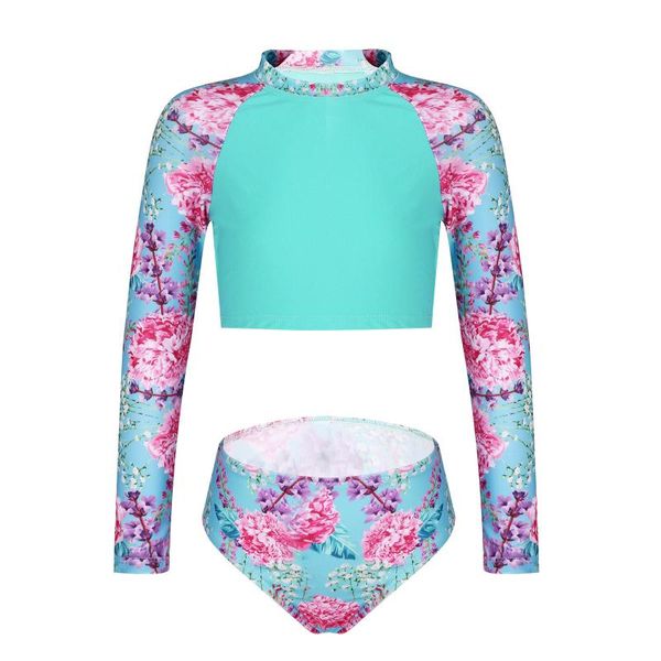 

one-piece suits kids girls floral print beachwear swimming suit round neck long sleeves cropped and briefs beach swimwear bathing