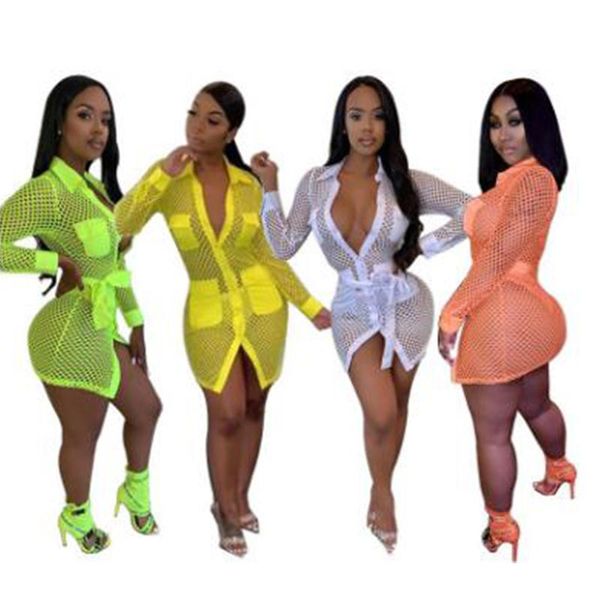 

casual dresses bkld hollow out perspective mesh long-sleeved turn-down collar dress autumn bodycon street mini 2021 women's vestidos, Black;gray