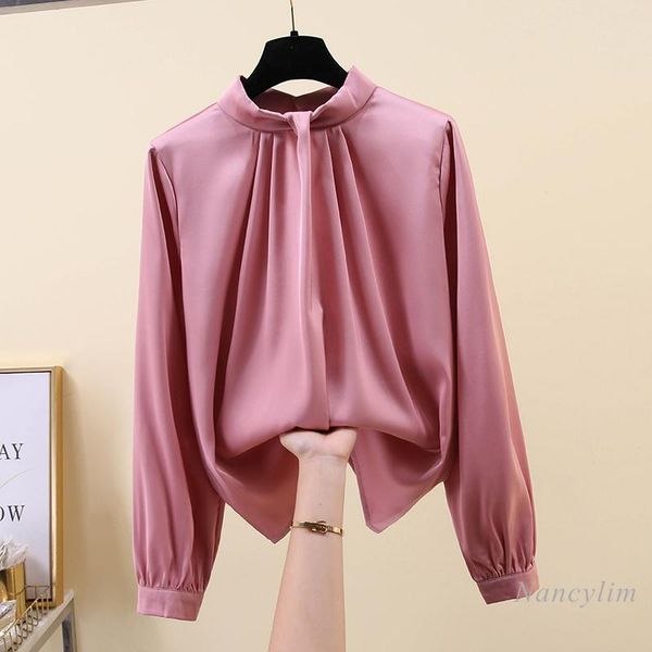

women's blouses & shirts elegant pleated stand collar blouse long sleeve all-match solid color shirt lady's blusas 2021 spring fem, White