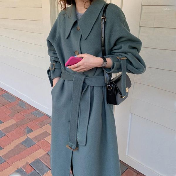 

women's wool & blends autumn/winter fashion woolen coat korean style mid-length over-the-knee temperament lapel long-sleeved women, Black