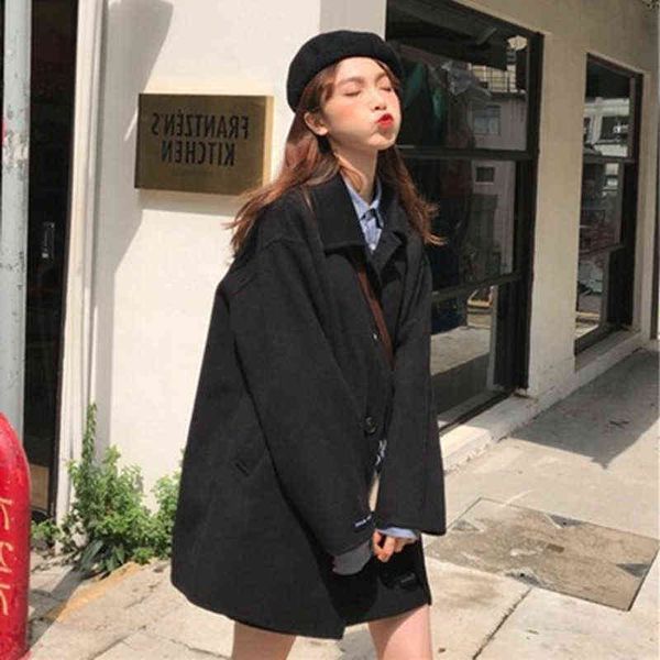 

autumn and winter loose medium length small british temperament long sleeved windbreaker tweed coat women, Black