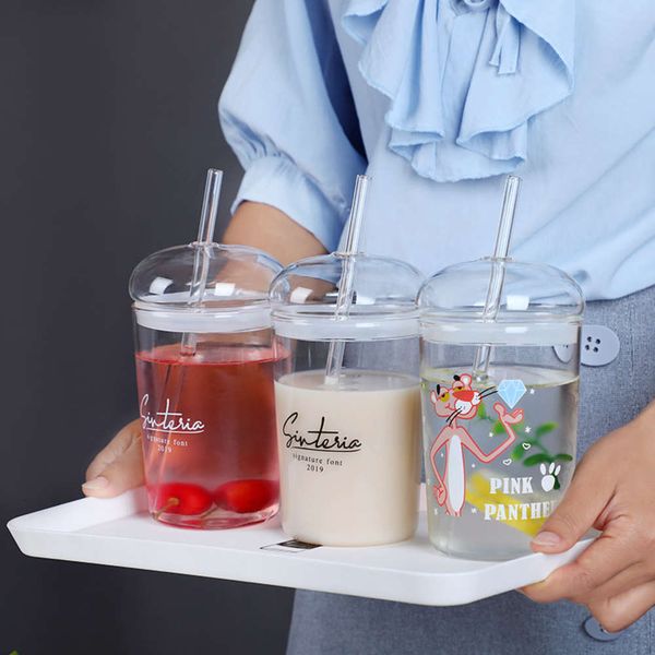 

fashion dign glass straw mug,creative glass cup,transparent heat-ristant glass mugs milk cup with lid christmas mug gift