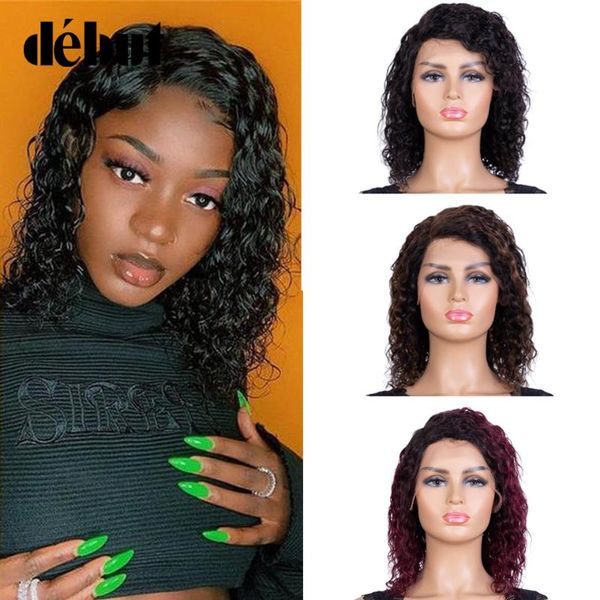 

lace wigs debut kinky curly front human hair for women short p1b/30 brazilian wave part, Black;brown