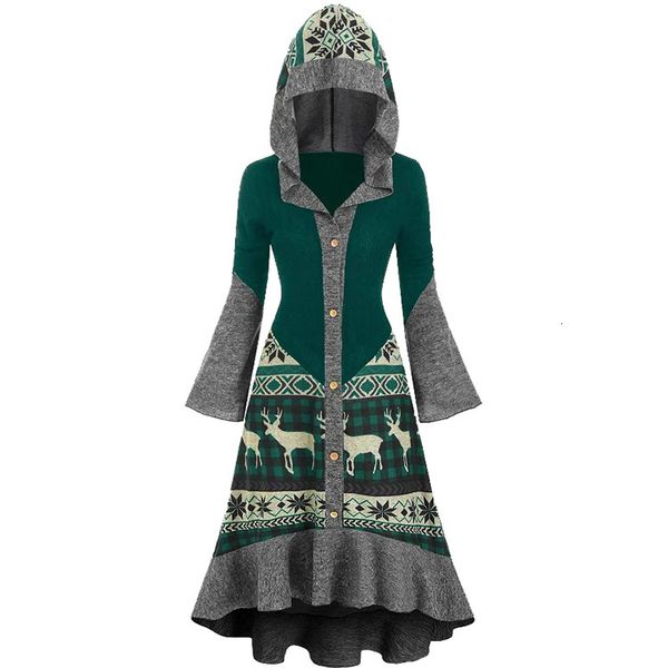 

exploding fingerprint contrast colour with hood pendulum lotus leaf long sleeve female button cotton spinning dress ilaw, Black;gray