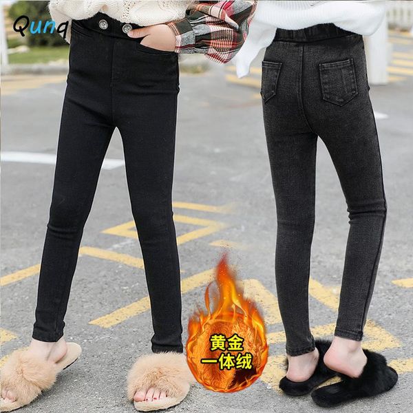 

jeans qunq teen girls thick warm velvet kids skinny slim pant for girl high elastic fashion winter spring children denim trouser, Blue
