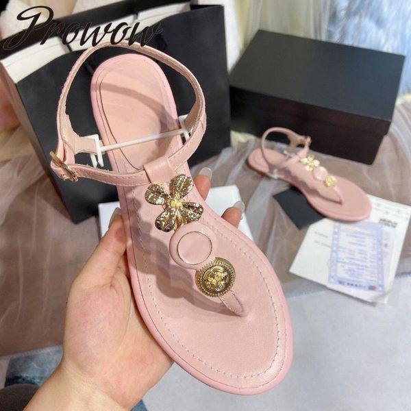 

prowow new bohe t-strap sandals floral emblishment flats beach vacation shoes women sandalias de mujer, Black