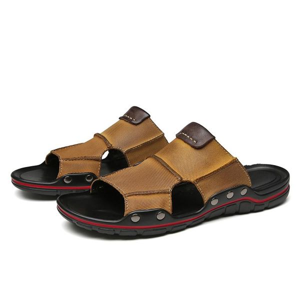 

slippers layer genuine leather men's oxhide slide man summer beach shoes casual plus large size 38-47 luxury, Black