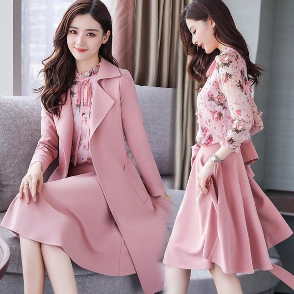 

women's trench coats graceful and elegant dress set skirt 2021 spring autumn fashion fashionable age-reducing floral, Tan;black