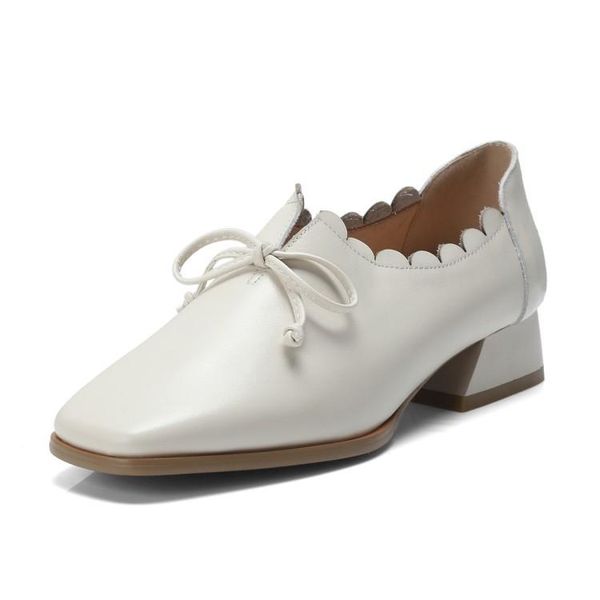 

dress shoes women cowskin chunky heels ruffles low lace-up oxfords spring autumn career genuine leather shoe office lady, Black