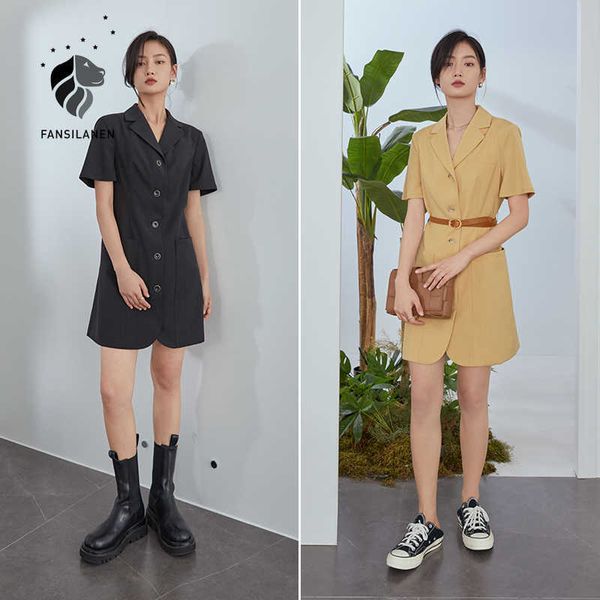 Fansilanen Ofis Bayan Takım Kısa Kollu Elbise Kadın Yaz Tarzı Siyah Sarı Yüksek Bel Ince Etek Giysileri 210607
