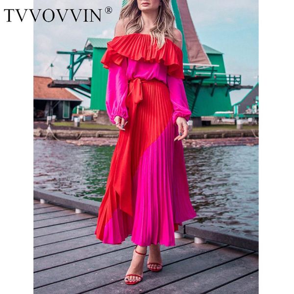 

casual dresses women slash neck off the shoulder plus size summer red ruffles bandage patchwork pleated belt big long dress q009, Black;gray