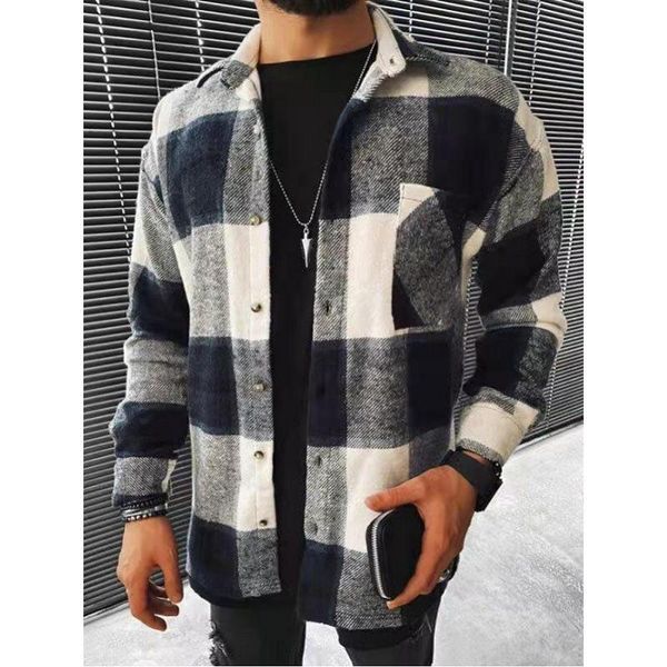 

men clothing 2021 spring autumn new men's clothing color matching plaid printed shirt cardigan lapel long-sleeved plaid shirt, White;black