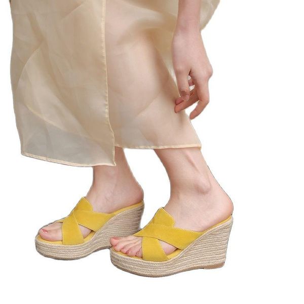 

arden furtado 2021 summer fashion women's shoes wedges heels yellow suede classics platform ladies yellow peep toe slippers, Black