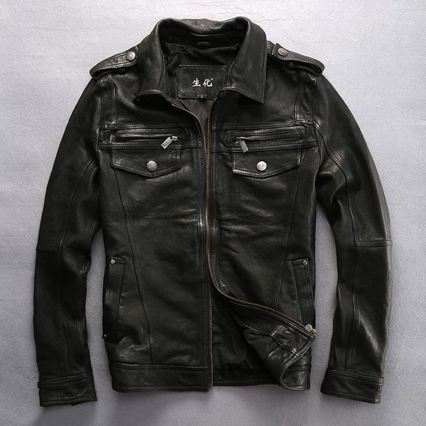 

men's leather & faux slim fit jacket balck sheepskin shirt epaulet zipper pockets biker coat for men autumn arrivals, Black