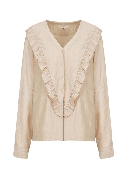 

women's trench coats long sleeve v neck button down pure color ruffle shirt, Tan;black