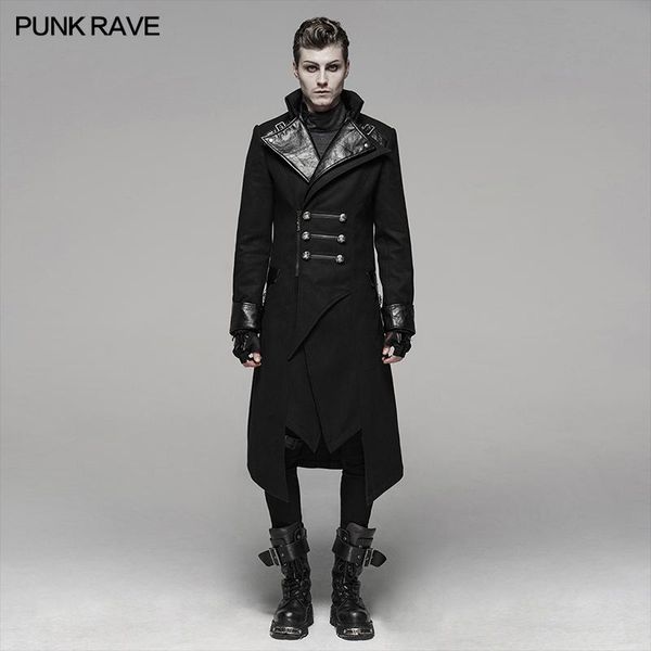 

men's wool & blends punk rave men black worsted asymmetry long coat gothic daily handsome mens overcoats winter warm for