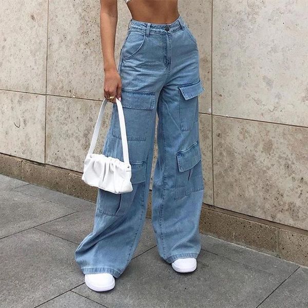

women's jeans women 90s y2k patchwork wide leg mom big pocket cargo pants vintage mopping casual streetwear boyfriend denim, Blue