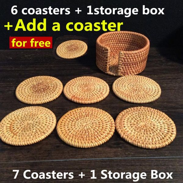 

mats & pads 8 pieces of handmade vietnamese rattan round cup mat set tea 7 coasters + 1 storage box