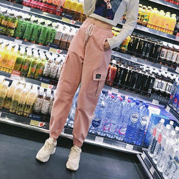 

women's pants & capris cotton high waist cargo 2021 spring pink khaki black female trousers, Black;white