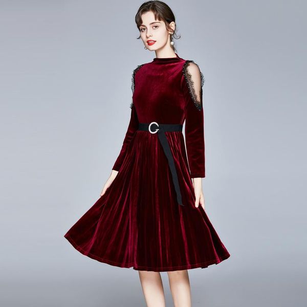 

casual dresses autumn runway red christmas velvet midi dress vintage elegant mesh stitching lady work pleated party with belt k8633, Black;gray