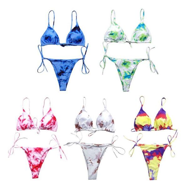 

women brazilian bikini set tie-dye string triangle swimsuit side tie beachwear