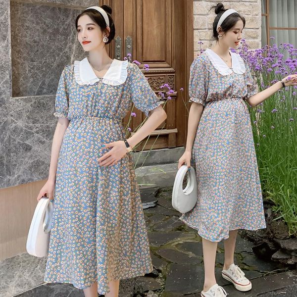 

maternity dresses 9127# summer korean fashion dress chic sweet a line high waist printed chiffon clothes for pregnant women pregnancy, White