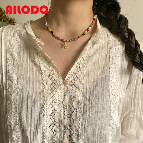 

chokers ailodo bohemian starfish necklace for women colorful miyuki beads short chain statement collier fashion jewelry, Golden;silver