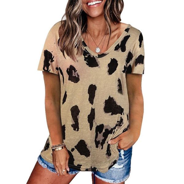 

women's t-shirt plus size women leopard print v-neck loose 2021 summer casual short sleeve korean clothes tee pullover female, White