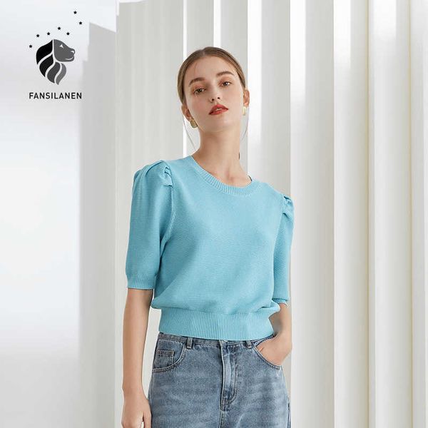 

fansilanen office lady knitwear thin puff sleeve women summer short round neck blue yellow t-shirt shirts for 210607, White