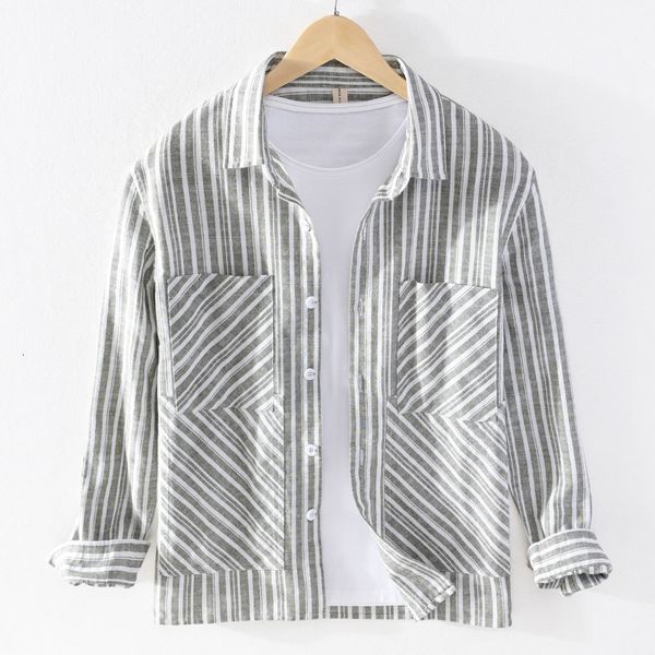 

2021 new algodo e linho de marca confortvel manga comprida camisas para homem na moda listrado camisa masculina 4psx, White