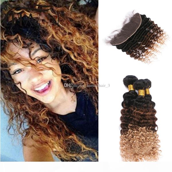 

honey blonde full lace frontal with deep curly hair extension deep wave 1b 4 27 hair weaves with lace frontal, Black;brown