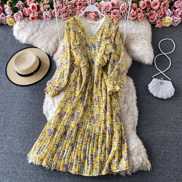 

casual dresses uulutonica spring/autumn women elegant fashion a-line print full ruffles mid-calf puff sleeve empire v-neck chiffon dress, Black;gray
