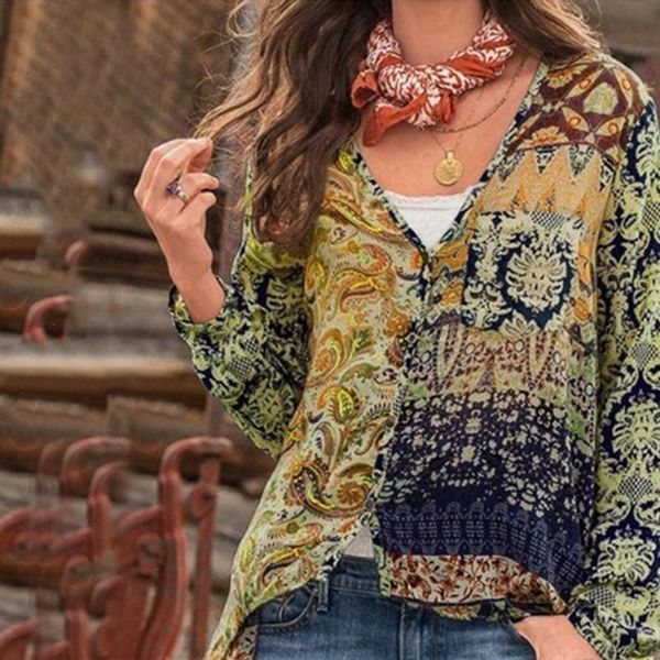 

38 women blouse vintage ethnic style womens and blouses v neck long sleeve print blouse loose unregular shirts, White