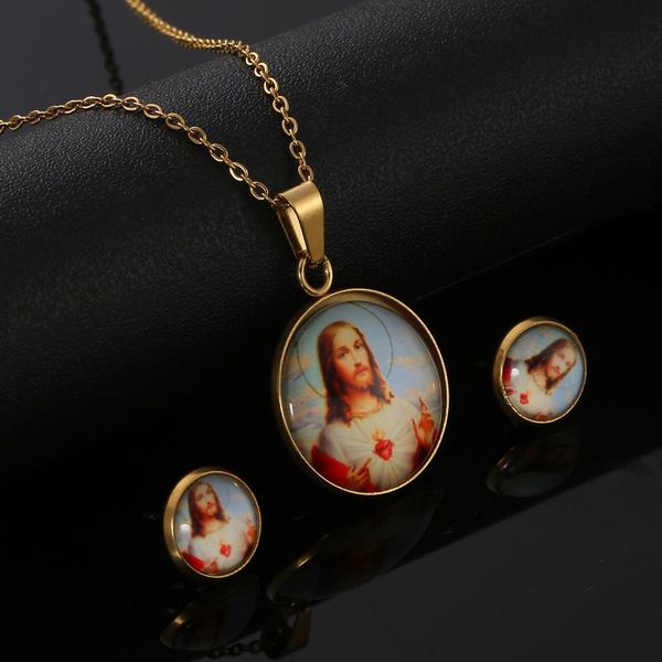 

earrings & necklace jesus head pendant necklaces gold color women christian crucifix jewelry, Silver