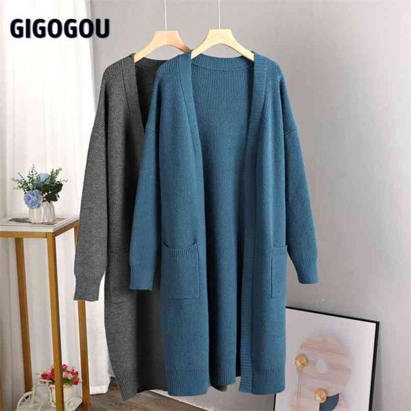 

gigogou vintage long cardigan for women sweater open stich autumn winter thick warm jacket coat big pocket knitted jumper 210914, White;black