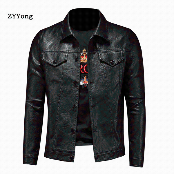 

men's fur & faux 2021 leather jacket for men winter biker motorcycle zipper long sleeve coat blouses, Black