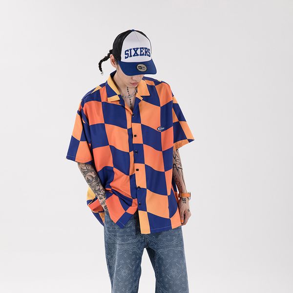 

new 2021 harajuku color match plaid hawaiian men and women high street checkered oversize short sleeve summer shirts faff, White;black