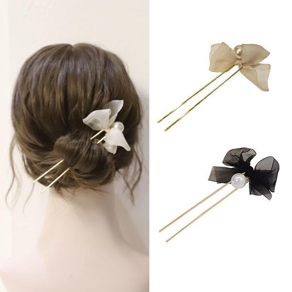 

hair accessories women elegant bowknot pearl organza hairpin girls hairstyle makeup artifact u-clip simple headdress fashion