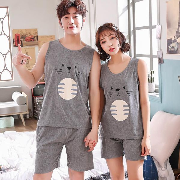 

couple pajamas set summer men and women sleeveless pyjamas vest lovers cat sleepwear plus size 3xl 4xl nightwear home clothing, Black;red